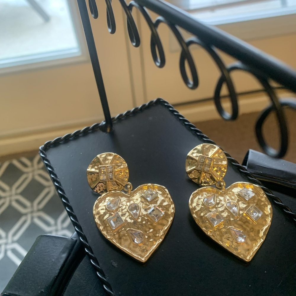 Gold Heart Drop Earrings with Crystal Embellishments